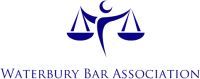 The logo for the waterbury bar association is a scale of justice.