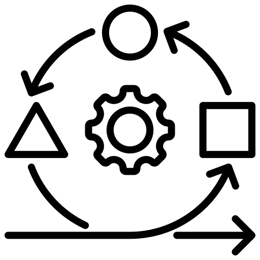 A black and white icon of a gear , triangle , square and arrows.
