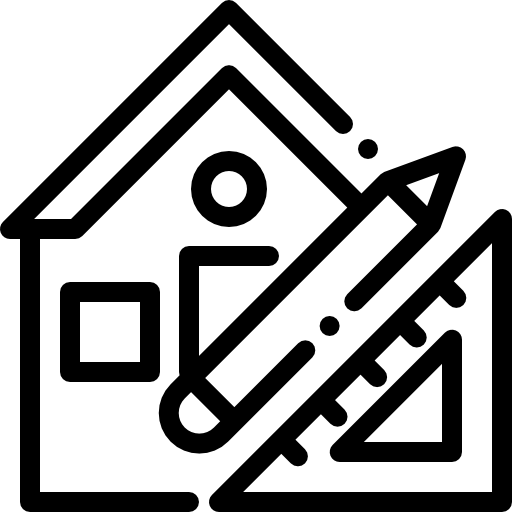 A black and white icon of a house with a ruler and pencil.