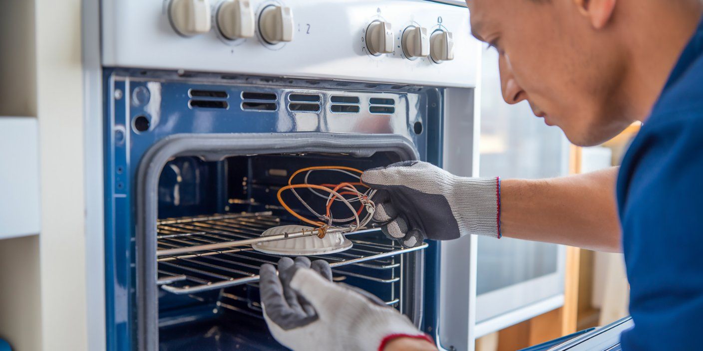 Person wearing gloves working on an oven, likely repairing or replacing a heating element.
