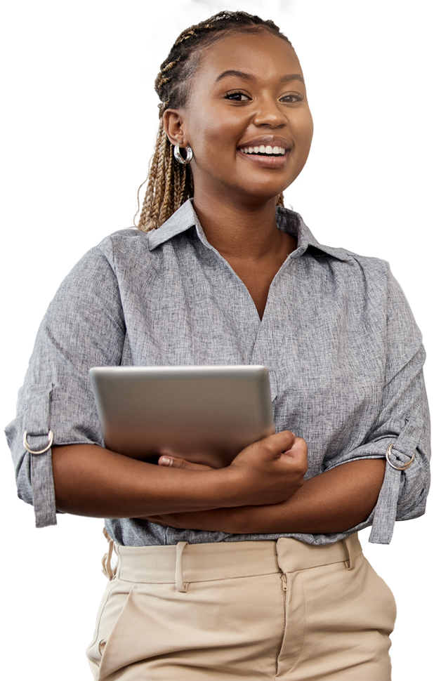 A woman is holding a tablet computer and smiling.