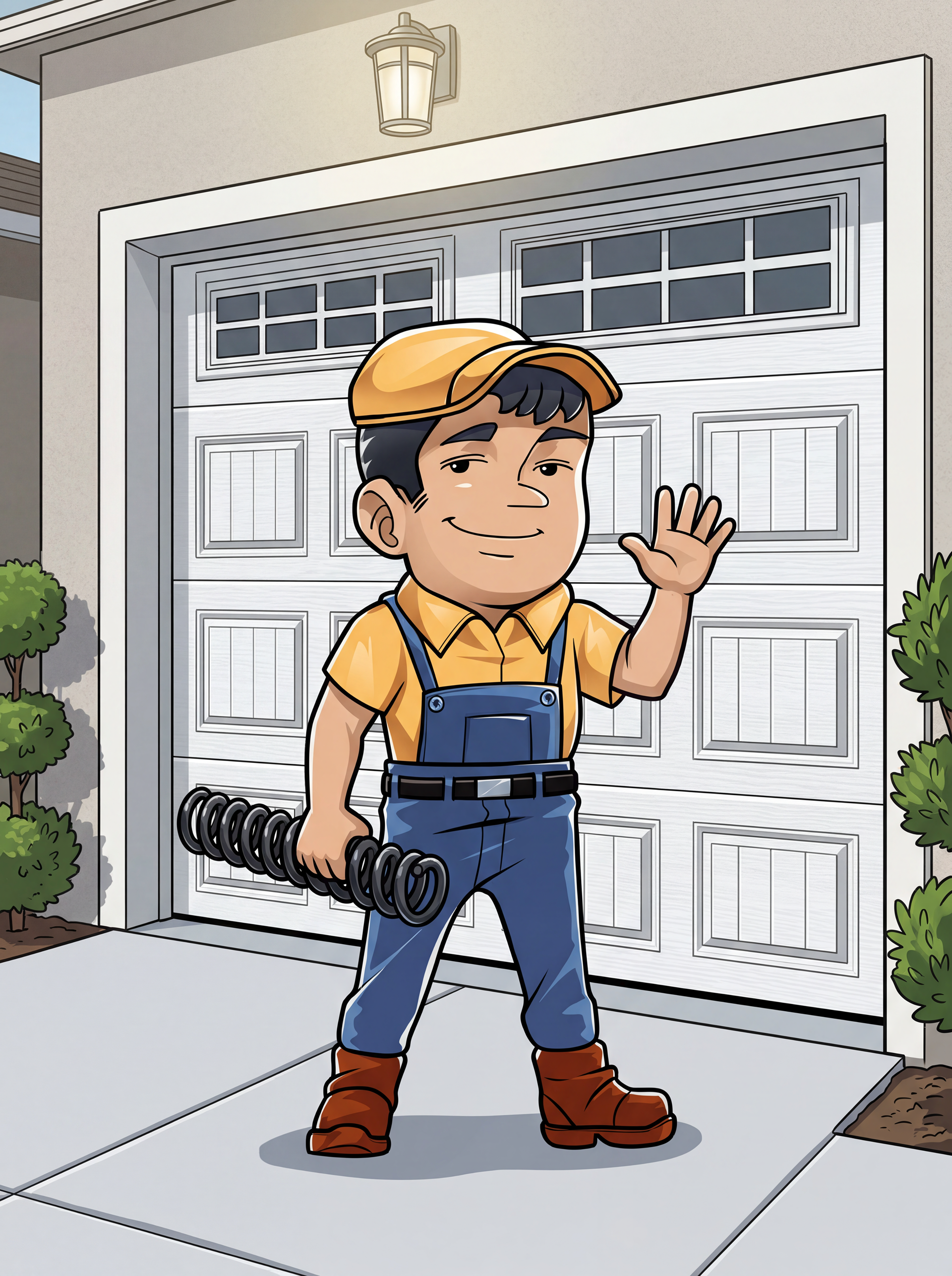 A repair technician in a yellow shirt and blue overalls holding a coiled spring, waving in front of a closed garage door.
