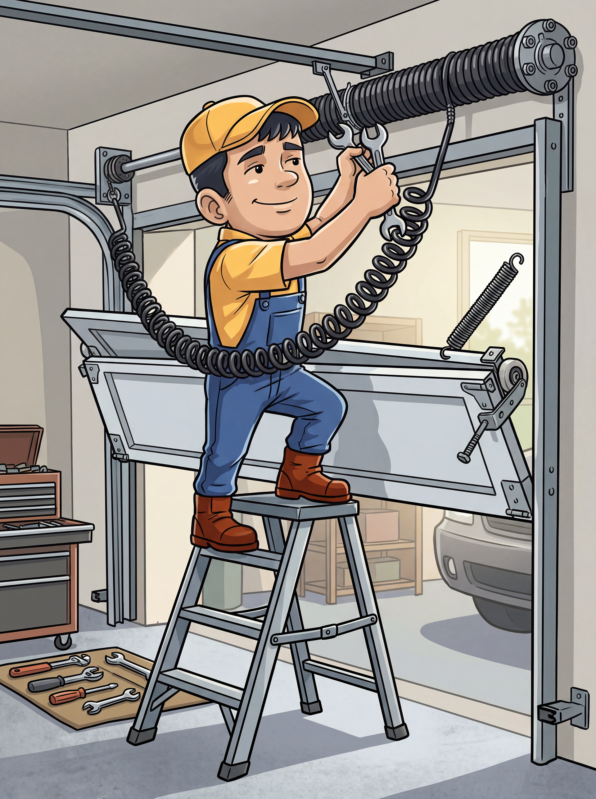 A professional in work clothes stands on a step ladder, using a wrench to repair a garage door’s tension spring.