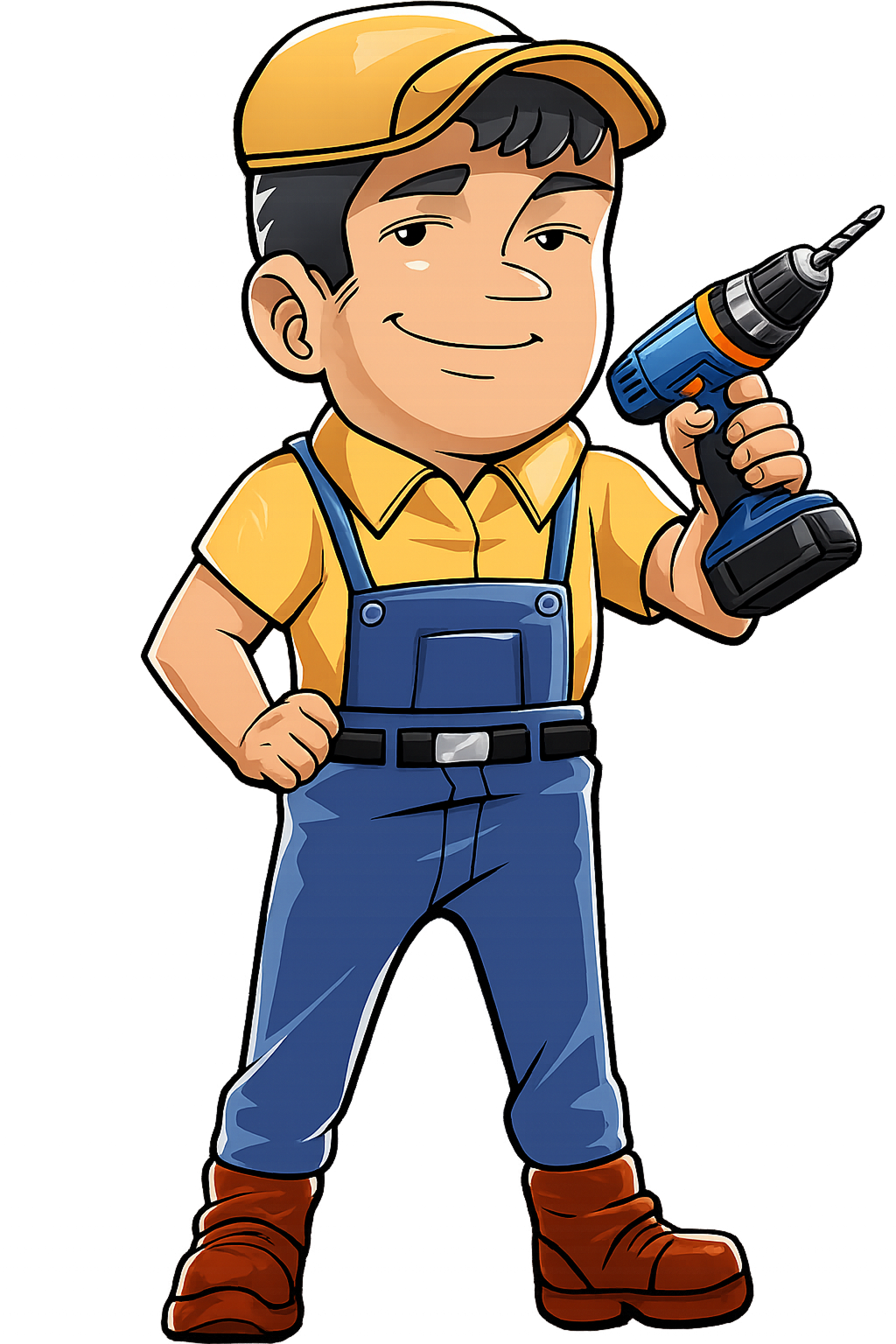 A cartoon construction worker in a yellow cap and blue overalls, smiling while holding a cordless power drill.