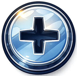 A glossy, circular, blue button featuring a stylized black plus sign symbol in the center.