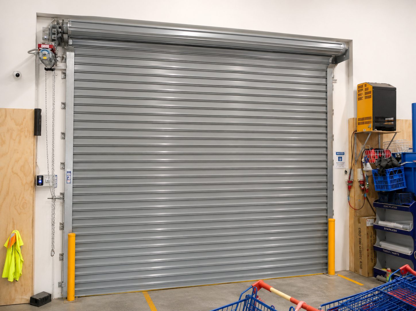 Closed gray metal roll-up shutter set in a stone storefront wall