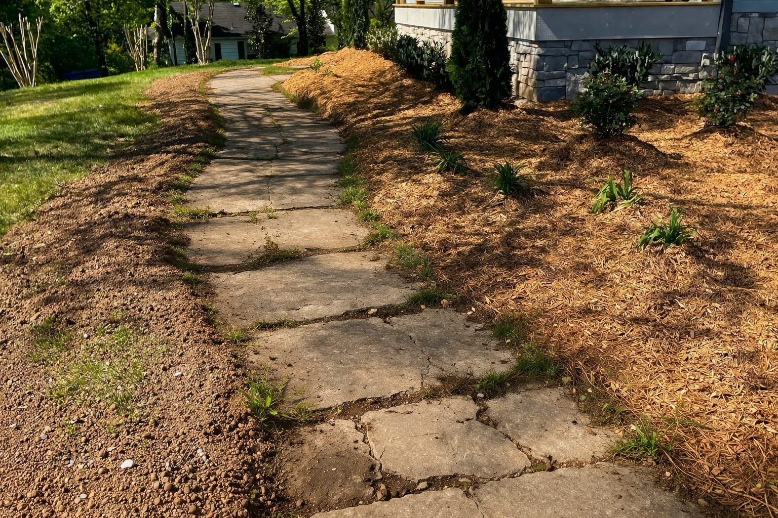 An uneven concrete slab walkway lined with wood mulch leading towards the side of a house foundation.