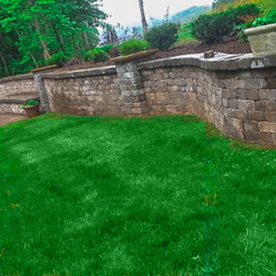 A curved stone retaining wall borders a vibrant green lawn with small shrubs and trees in the background.