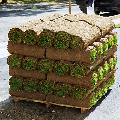 A pallet stacked with rolls of fresh green grass sod sitting on an asphalt driveway.