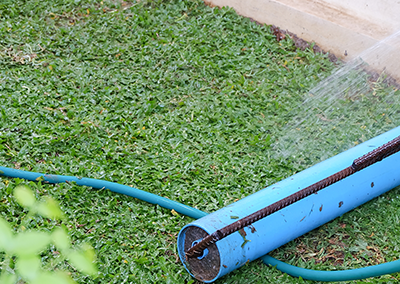 A blue plastic pipe with holes, connected to a green garden hose, spraying a fine mist of water onto a patch of grass.