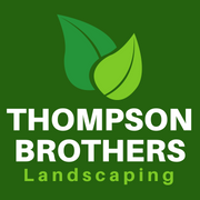 Logo for Thompson Brothers Landscaping: white text on a green background with two stylized green leaves at the top.