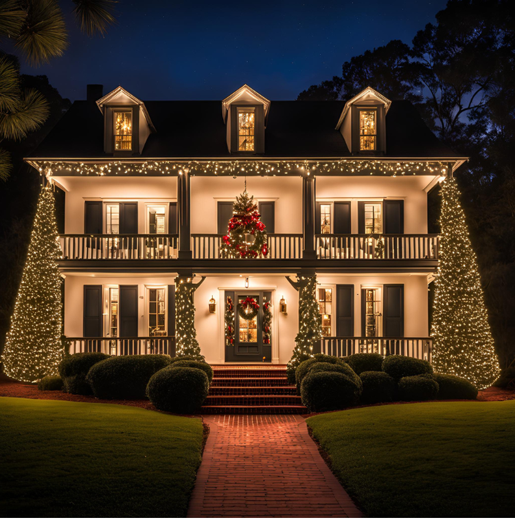 Two-story house, illuminated with Christmas lights. A tree sits on each side, and a wreath hangs on the door.