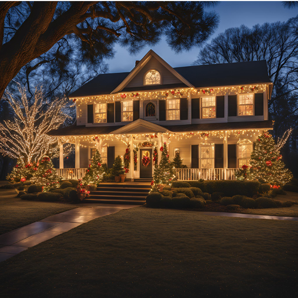 Festive two-story house at night, decorated with Christmas lights. Trees and bushes are also lit up.