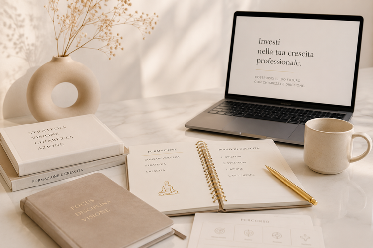 Scrivania minimalista color beige con laptop, quaderno, penna, tazza e libri impilati in un accogliente spazio di lavoro.