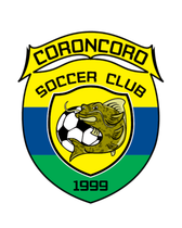 Coroncoro Soccer Club crest with yellow banner, blue and green shield, crocodile with soccer ball, and 1999