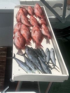 A tray of fish is sitting on top of a table.