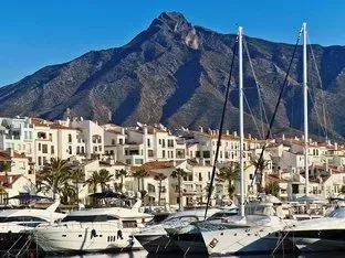 An aerial view of puerto banus marina