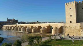 There is a bridge in Cordoba over a river in the foreground and a city in the background.