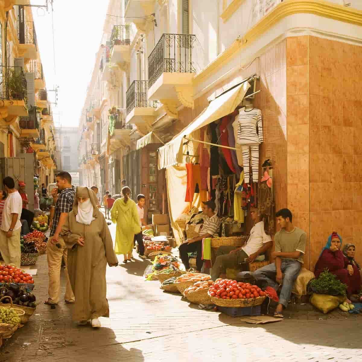 Sops in Tangiers between two buildings.