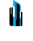 Abstract logo: blue and black skyscraper silhouette.