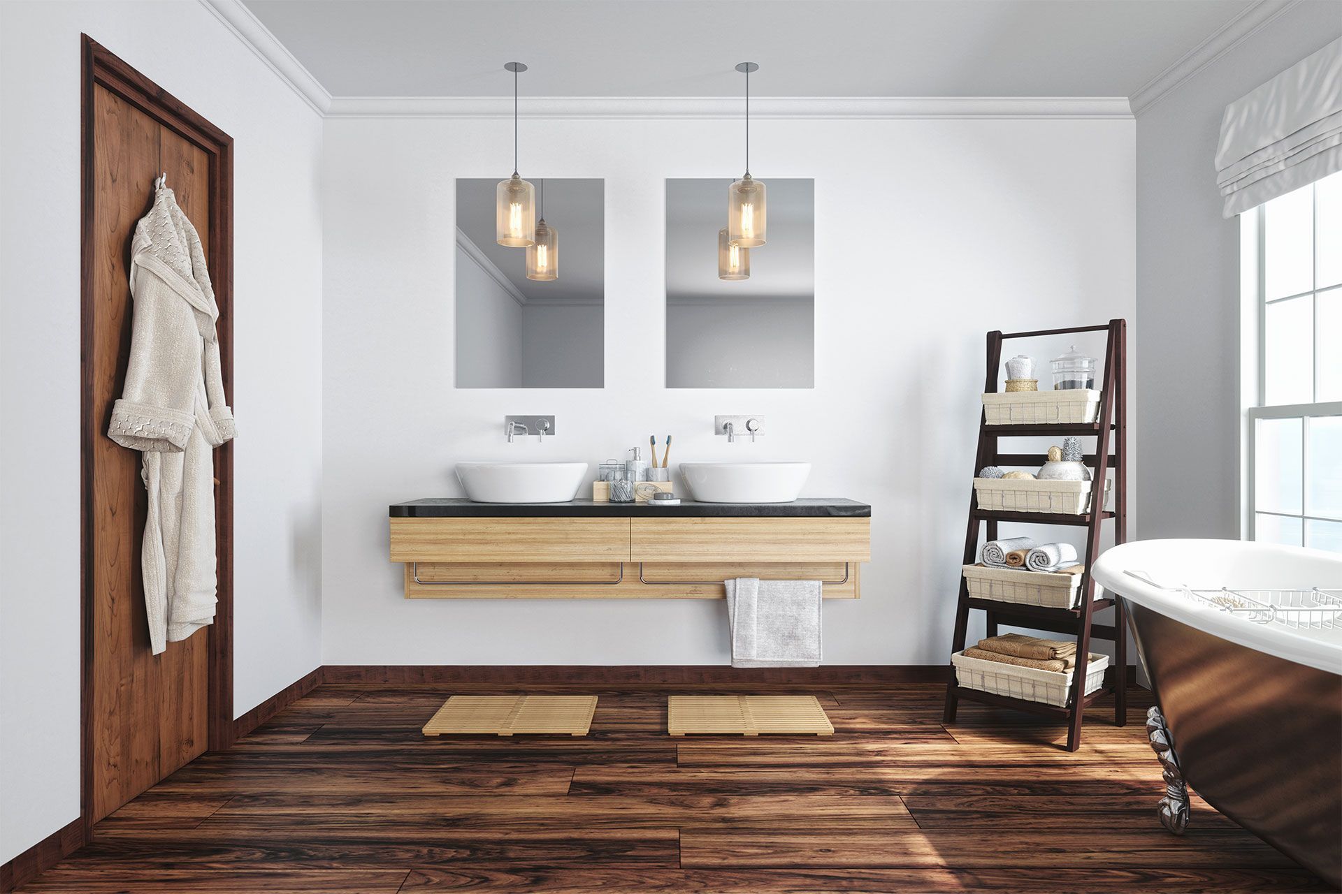 Interior renovado con piso laminado y muro decorativo