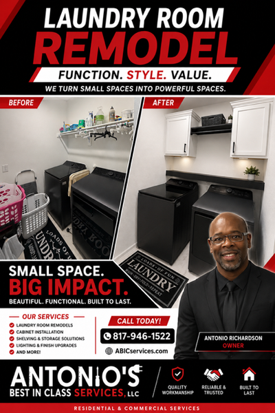 Laundry room remodel ad showing custom white cabinets, black counters, and small-space organization.