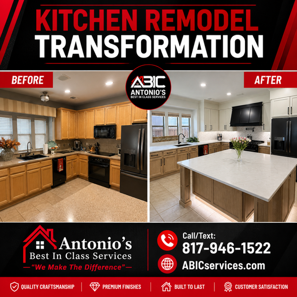 Kitchen remodel ad showing a before-and-after kitchen renovation with white island and modern cabinets