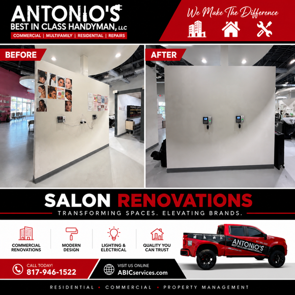 Salon renovation before-and-after: white wall with photos replaced by a clean blank wall.