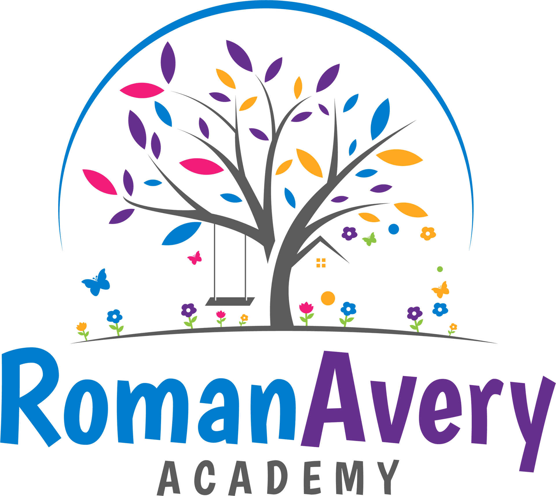 Logo for Roman Avery Academy: A colorful tree with swing under a blue arch, name below.