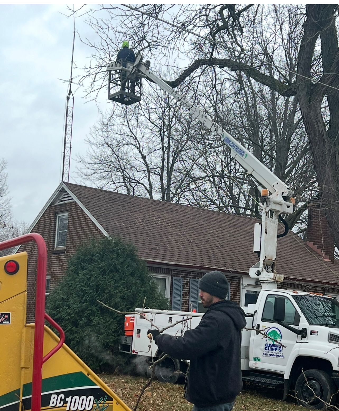 A man is cutting a tree with a crane in front of a house.