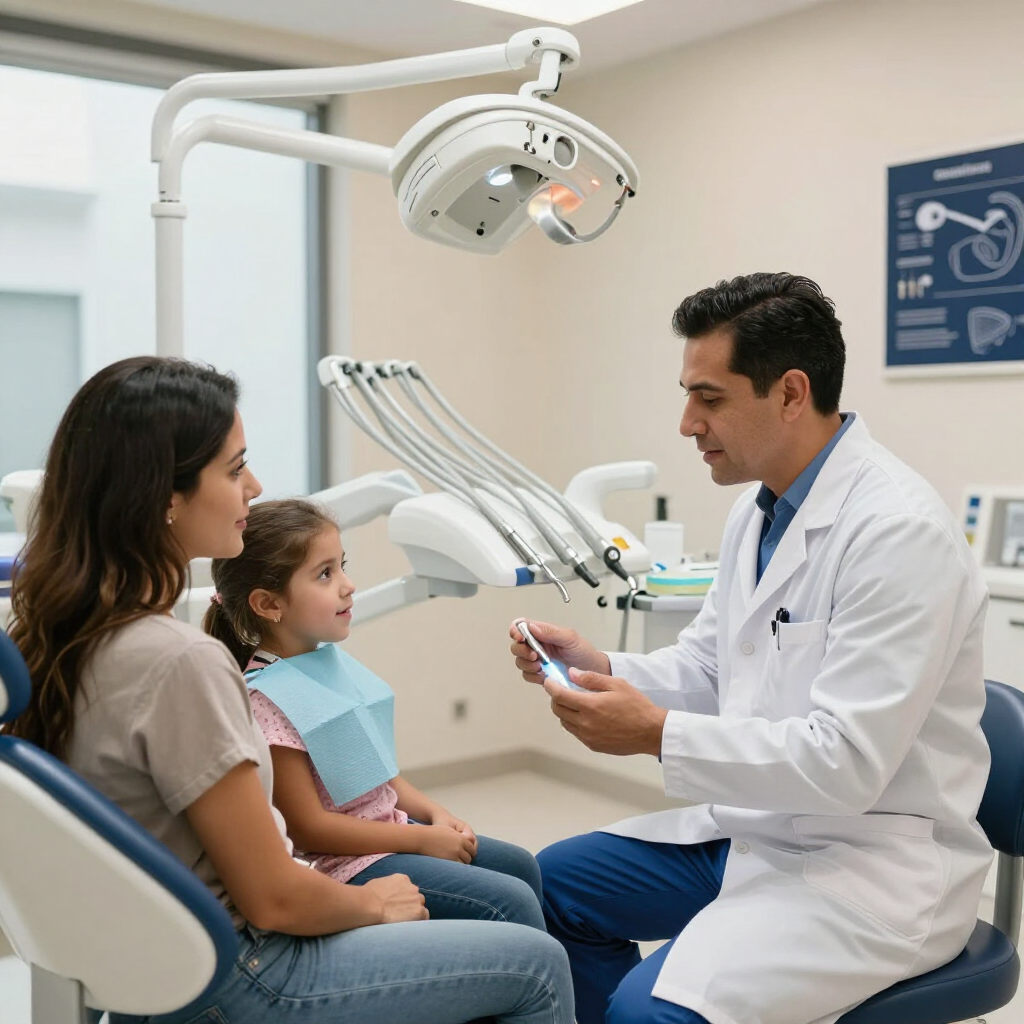 Dentista explicando un tratamiento a una familia