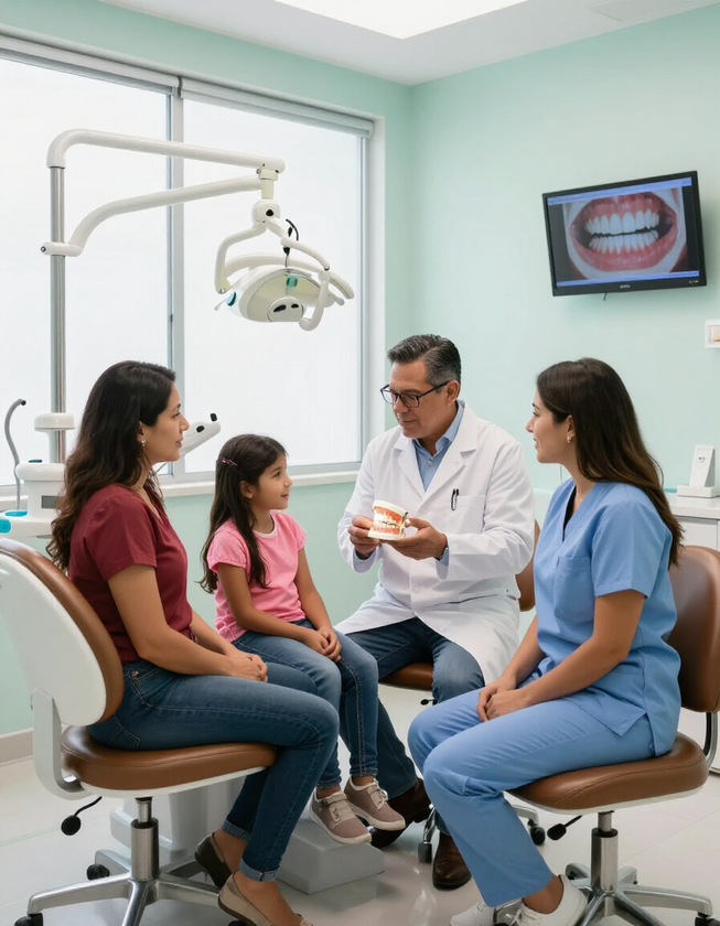 Familia mexicana recibiendo orientación dental