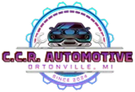 Logo for C.C.R. Automotive in Ortonville, MI, featuring a car, wrenches, and a gear design. Since 2024.