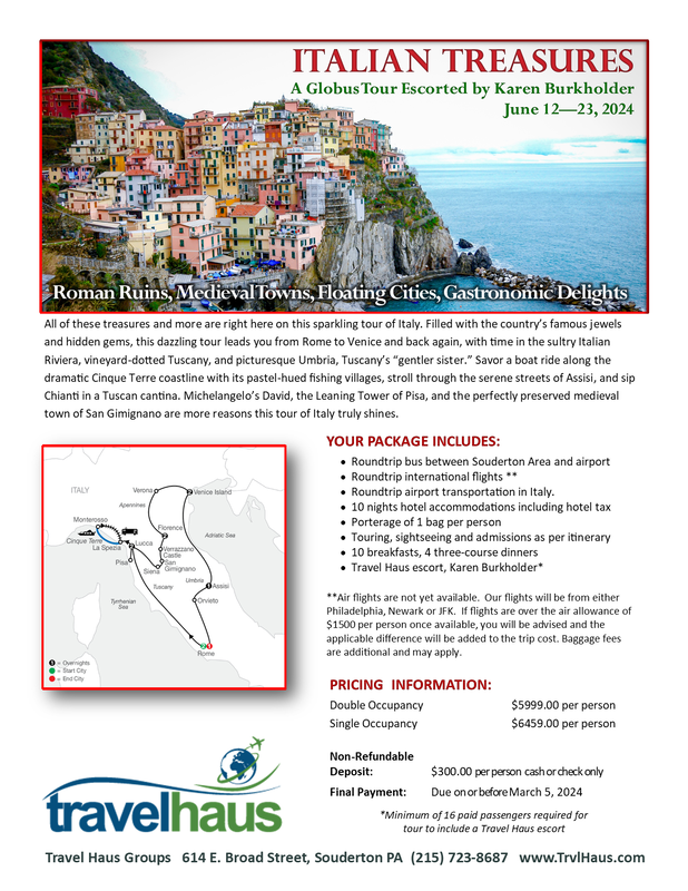 italian treasures itinerary A travel brochure for italian treasures with a picture of a cliff and a map.