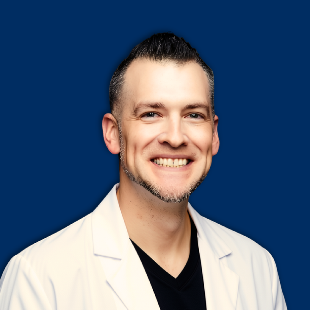 Smiling person in a white coat against a blue background