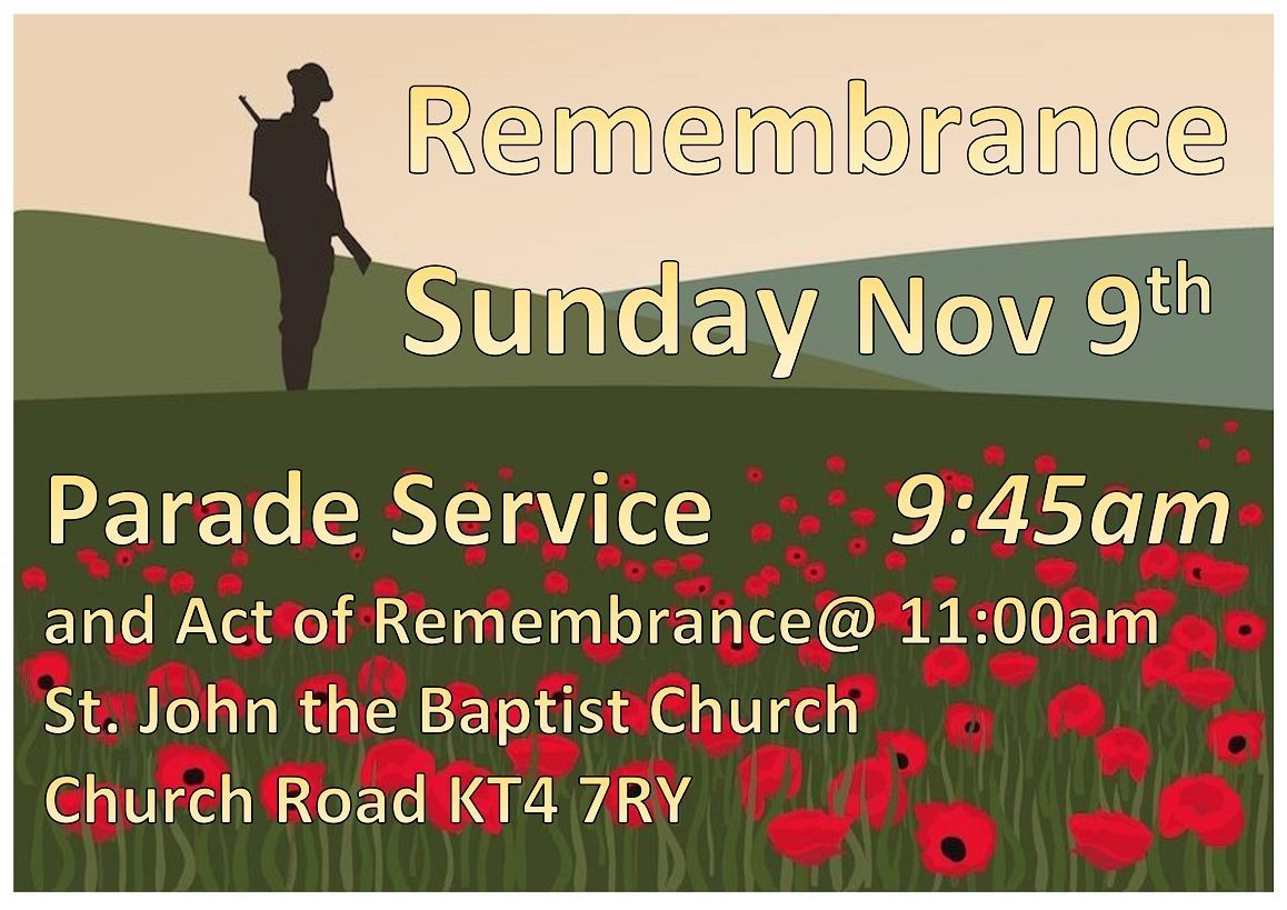 Remembrance Sunday service poster with a soldier silhouette and poppy field.