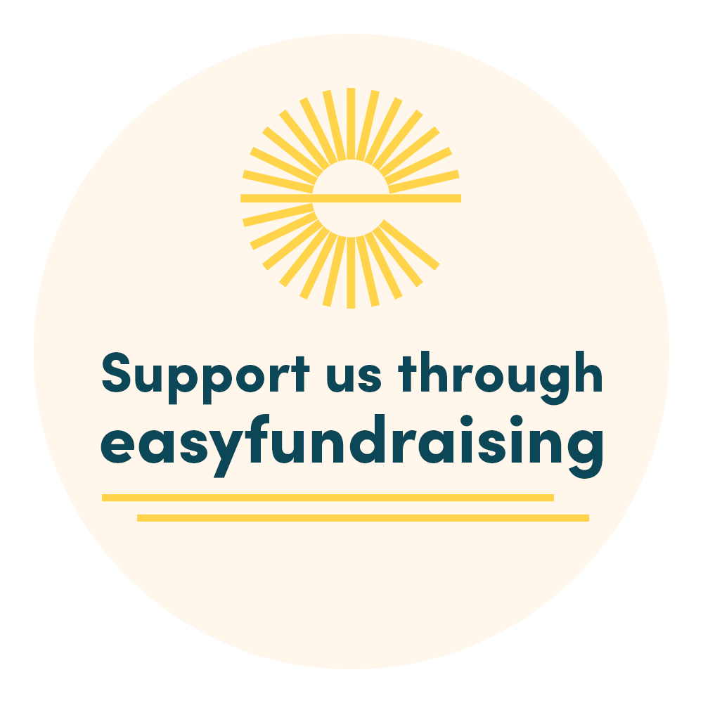 Round graphic with yellow sun-like design and text: