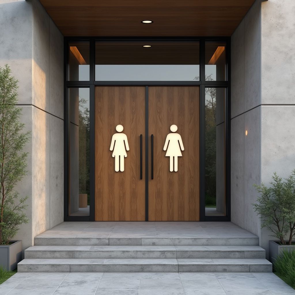 Exterior of a restroom entrance with wooden double doors, female symbol signage, and concrete steps.