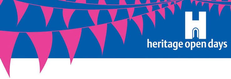 Heritage Open Days logo on blue background with pink pennant bunting and a white H icon