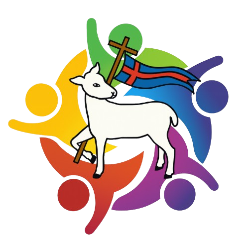 Lamb holding flag with cross, surrounded by colorful figures.