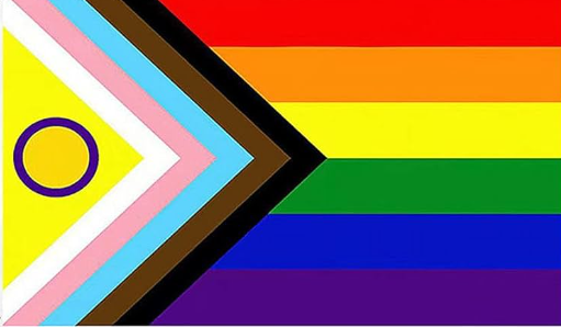 Progress Pride flag with rainbow stripes, triangle with intersex, transgender, and brown/black stripes.