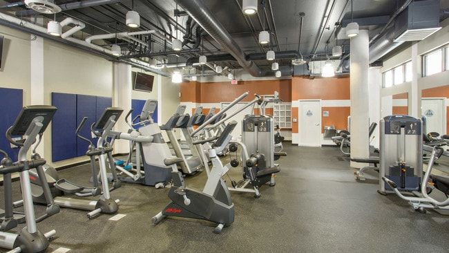 Gym with exercise equipment, including treadmills, stationary bikes, and weight machines, under bright lights.