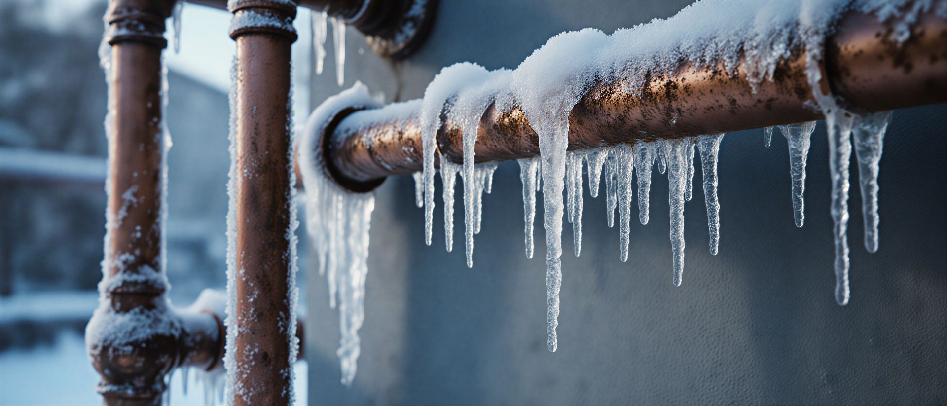Copper pipes covered in snow and icicles, set against a blurry blue background.