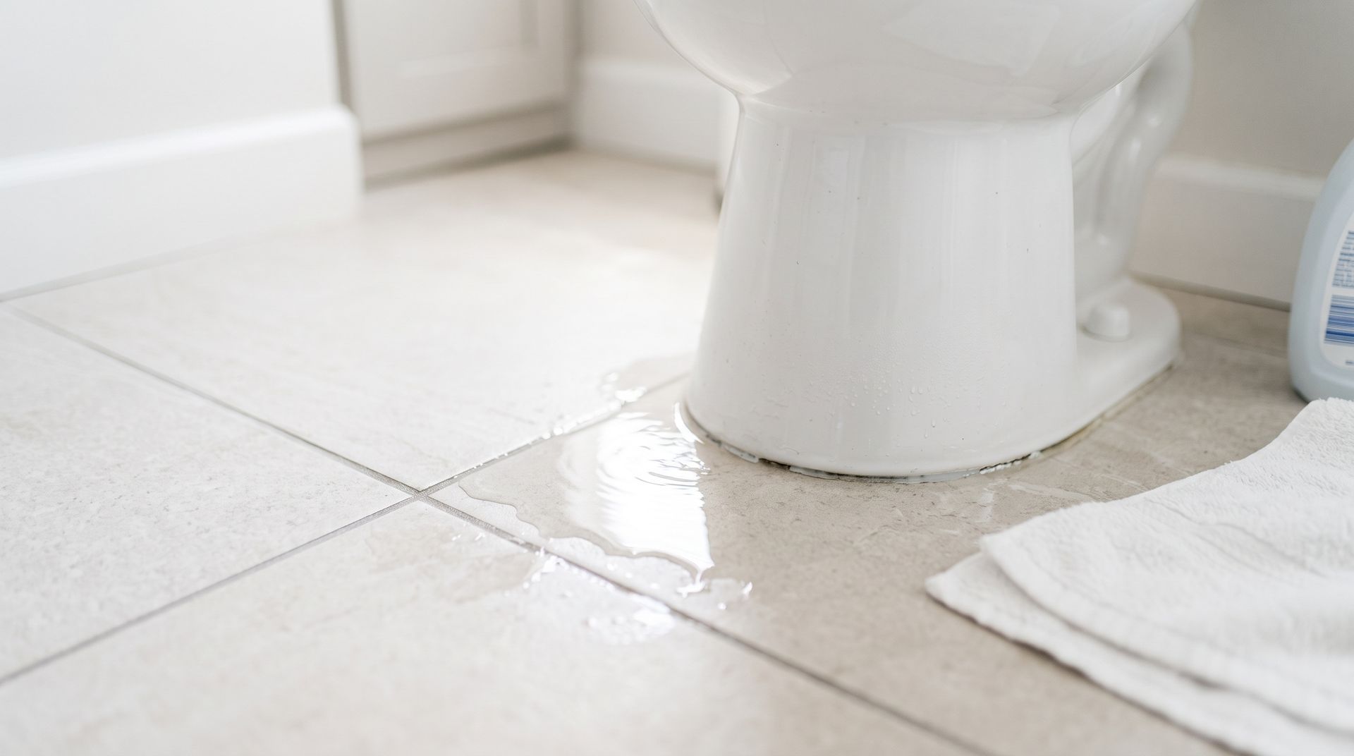 Spilled water on beige bathroom tile beside a white toilet and bath mat