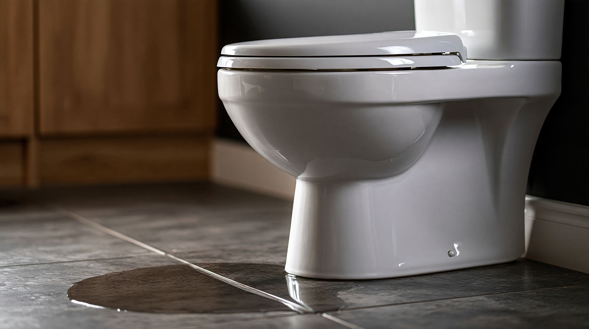 White toilet leaking water onto a gray tiled bathroom floor.
