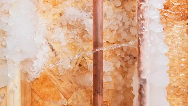 Ice surrounding a frozen pipe.