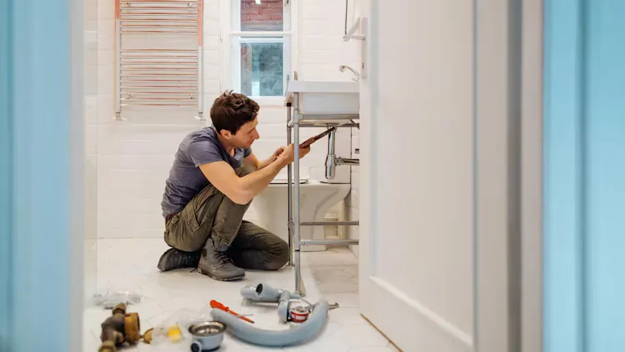 A plumber is fixing a broken drain caused by a clogged pipe. A plumber is fixing a broken drain caused by a clogged pipe.