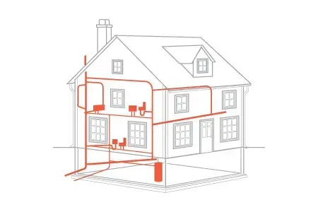 A drawing of a house with a lot of pipes coming out of it.