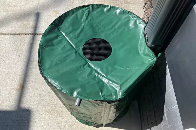A green trash can with a hole in the middle is sitting on the sidewalk. A green trash can with a hole in the middle is sitting on the sidewalk.