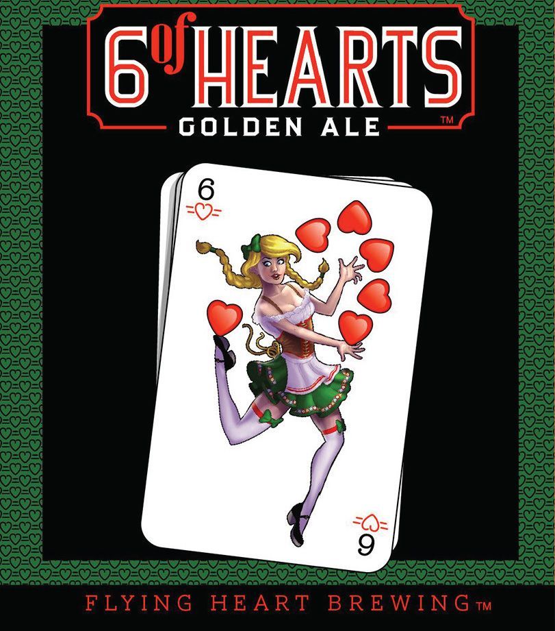 A poster for flying heart brewing 's 6th of hearts golden ale